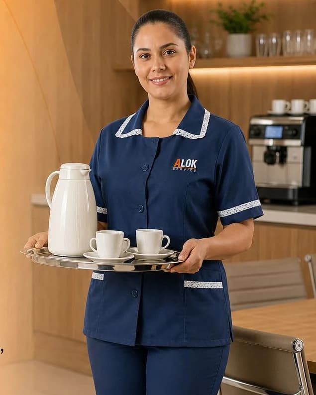 Copeira da Alok Service servindo café em uma copa corporativa